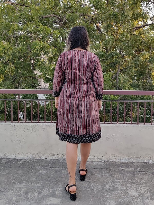 Cola Ajrakh Hand Block Printed Patch Shift Dress