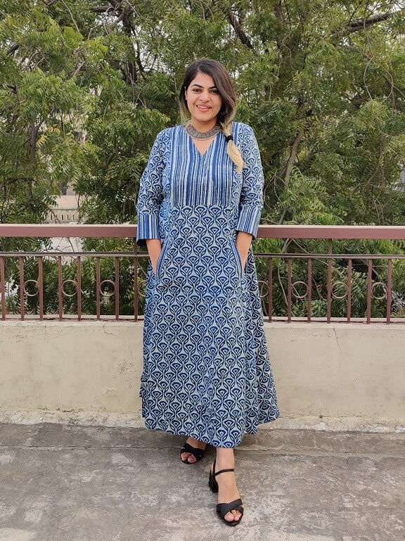 Fiza Hand Block Printed A Line Maxi Patch Dress