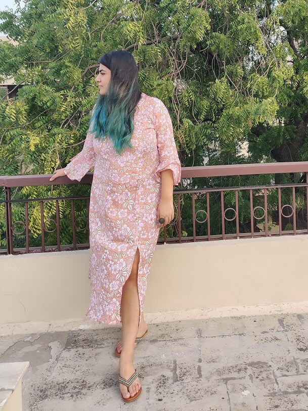 Brown Floral Handblock Printed Asymmetrical Dress with Side Slit