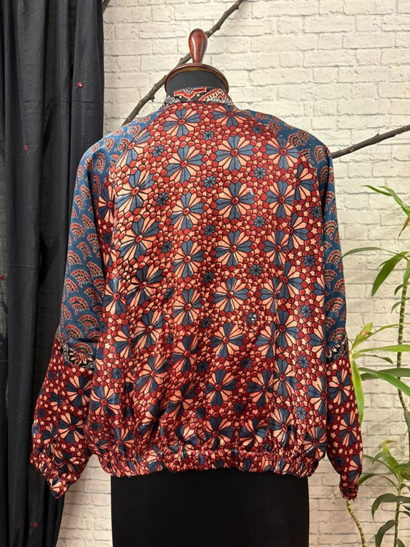 Red Indigo Ajrakh Mashru Silk Unisex Bomber Jacket