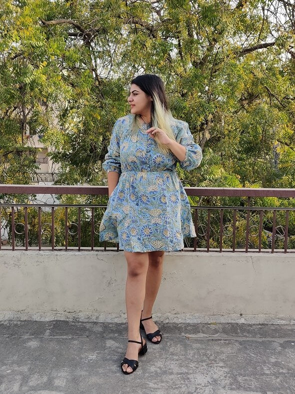 Iraa Hand Block Printed Short Dress with Flared Hem