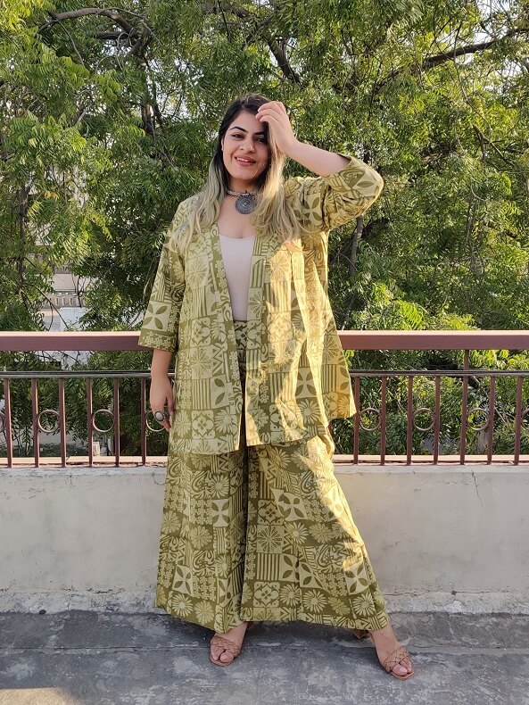 Olive Hand Block Printed Culottes and Shrug Coordinated Set