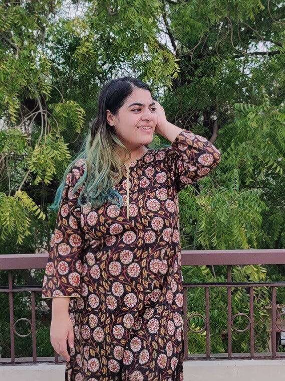 Black Olive Green Hand Block Printed Kurta