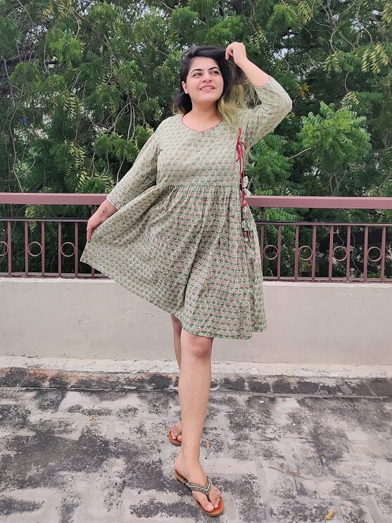 Lotus Hand Block Printed Angrakha Flared Dress