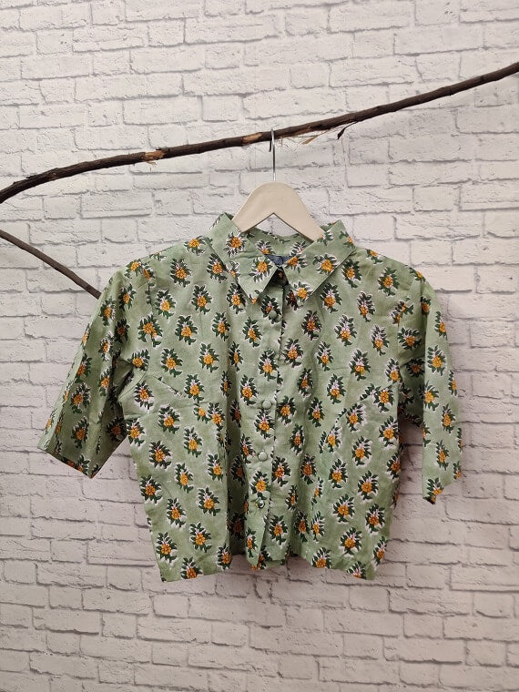 Green Yellow Floral Hand Block Printed Crop Top Shirt Blouse
