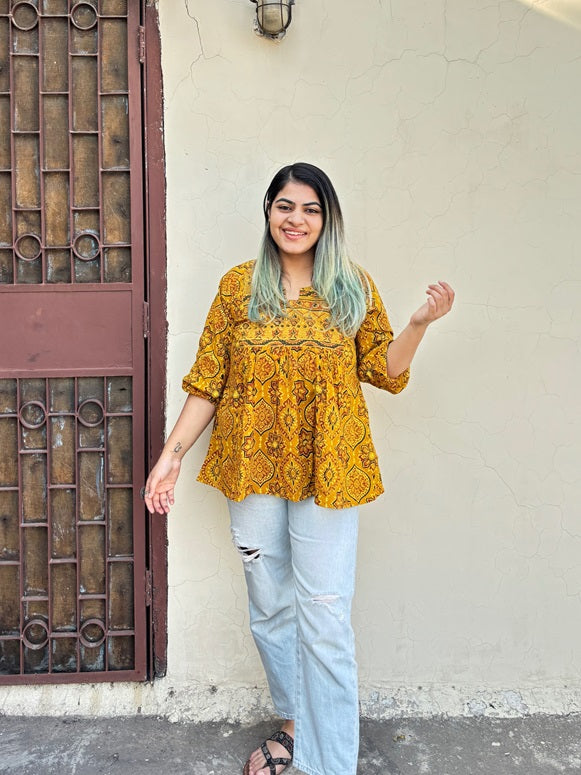 Yellow Ajrakh Boho Top with Back Drawstring
