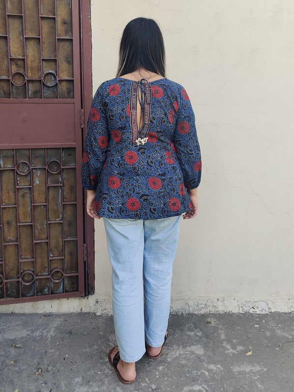 Indigo Red Ajrakh Boho Top with Back Drawstring