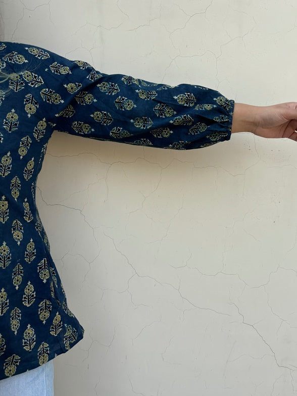 Indigo Green Ajrakh Boho Top with Back Drawstring