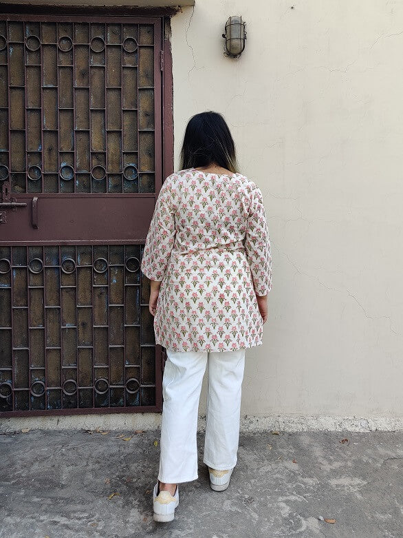 White Pink Hand Block Printed Short Kurti