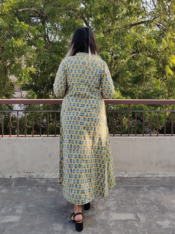 Yellow Grey Hand Block Printed A Line Maxi Shirt Dress