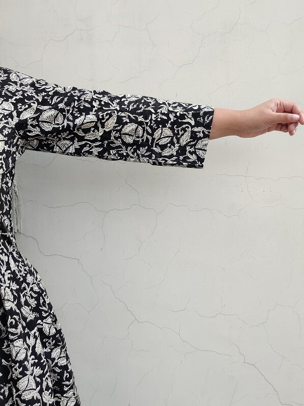 Black Kalamkari Hand Block Printed Midi Dress with Box Pleats