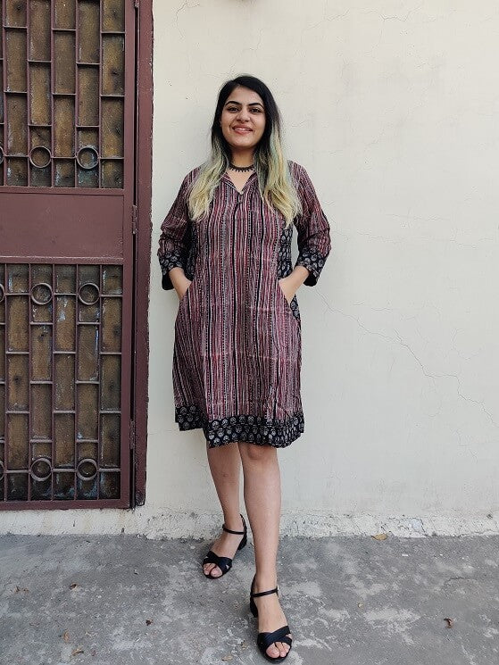 Cola Ajrakh Hand Block Printed Patch Shift Dress