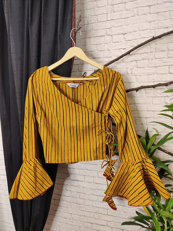 Yellow Red Stripes Ajrakh Hand Block Printed Angrakha Short Top
