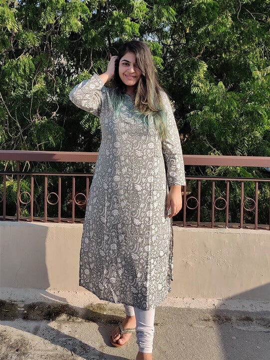 Grey White Floral Hand Block Printed Cotton Long Kurta