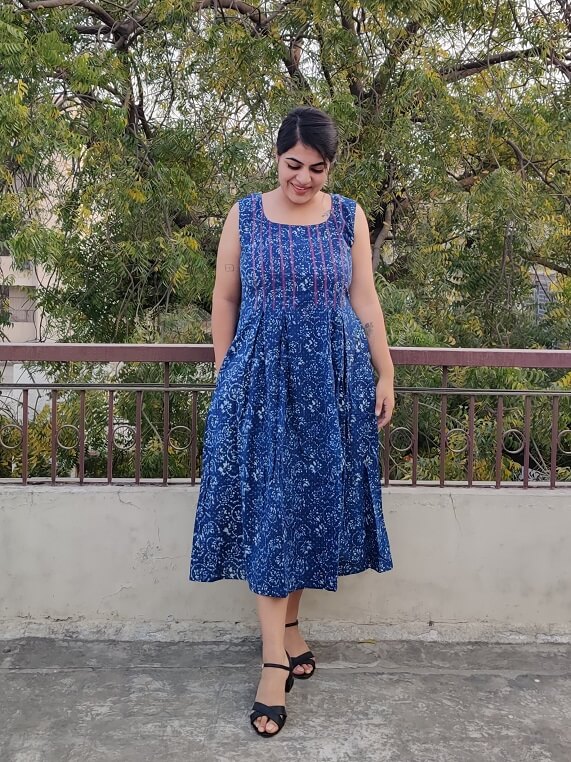 Blueberry Hand Block Printed Sleeveless Dress with Box Pleats