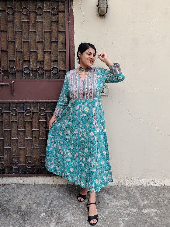 Baani Hand Block Printed A Line Maxi Patch Dress