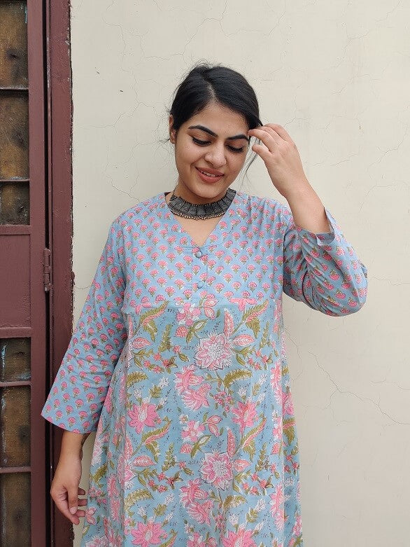 Meadowsweet Hand Block Printed Cotton Kurta Set with Afghani Pants