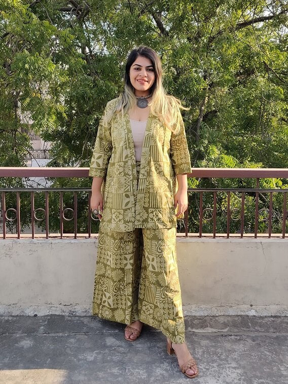 Olive Hand Block Printed Culottes and Shrug Coordinated Set