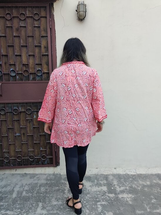 Pink Red Floral Hand Block Printed Shrug Overlay with Lace Detailing