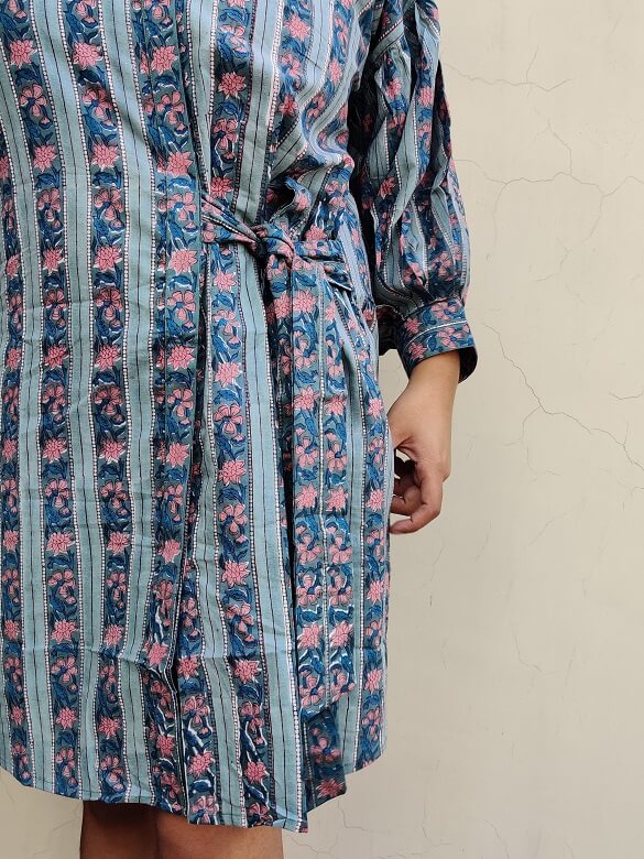 Teal Pink Hand Block Printed Comfort Fit Knee Length Shirt Dress with Side Belt