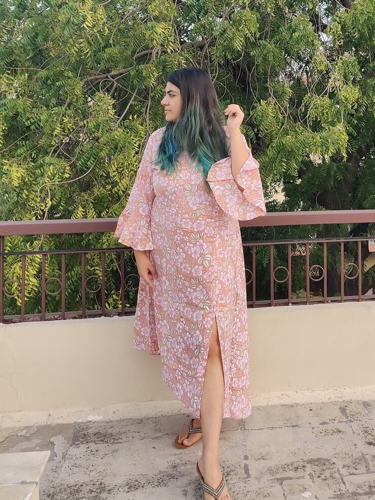 Brown Floral Handblock Printed Asymmetrical Dress with Side Slit