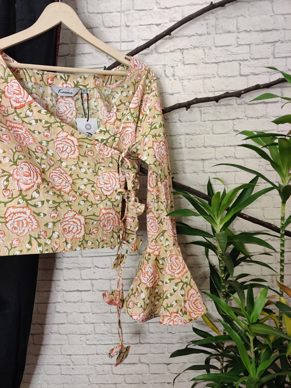 Yellow Rose Hand Block Printed Angrakha Short Top