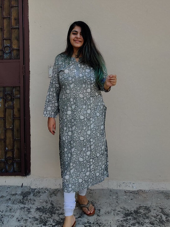 Grey White Floral Hand Block Printed Cotton Long Kurta