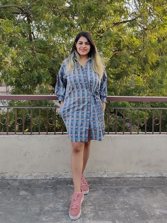 Teal Pink Hand Block Printed Comfort Fit Knee Length Shirt Dress with Side Belt