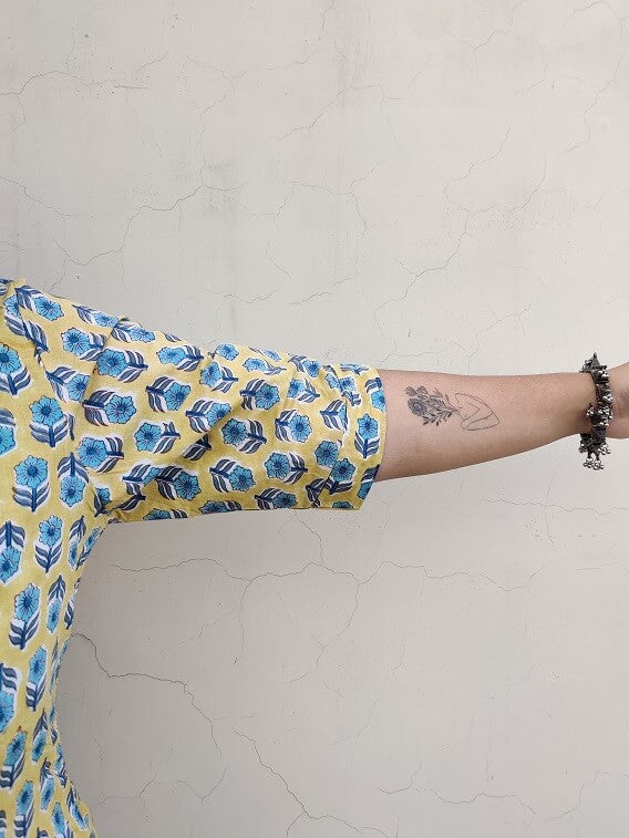 Yellow Grey Hand Block Printed A Line Maxi Shirt Dress