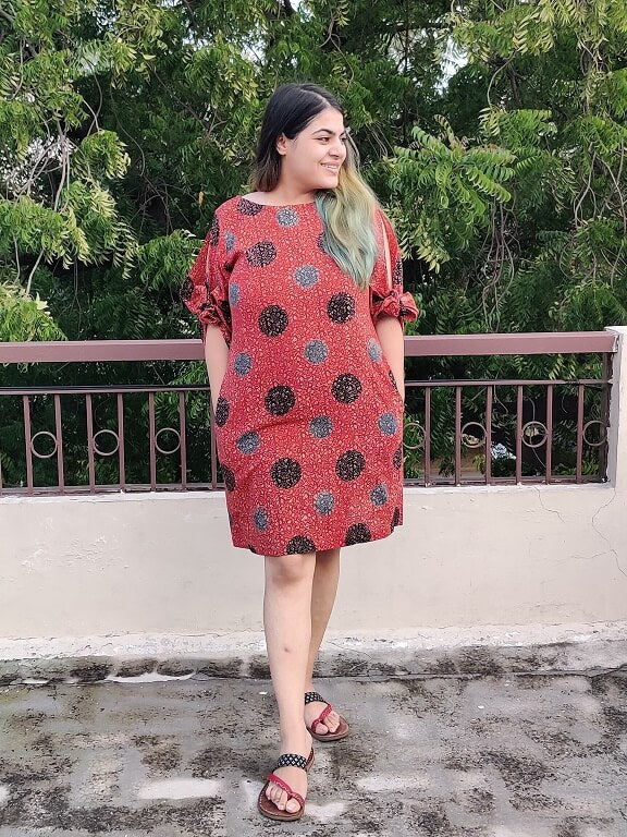 Chilli Ajrakh Shift Dress with Knot Sleeves