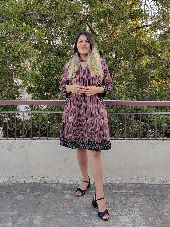 Cola Ajrakh Hand Block Printed Patch Shift Dress