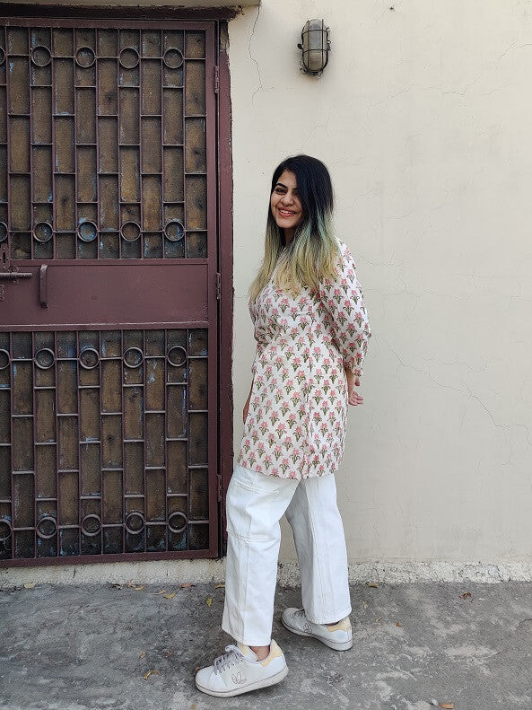 White Pink Hand Block Printed Short Kurti