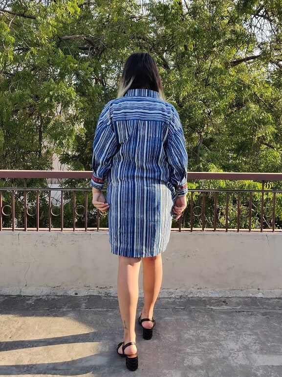 Indigo White Hand Block Printed Comfort Fit Knee Length Shirt Dress with Side Belt