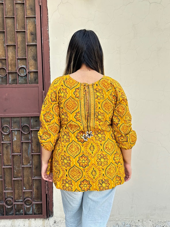 Yellow Ajrakh Boho Top with Back Drawstring