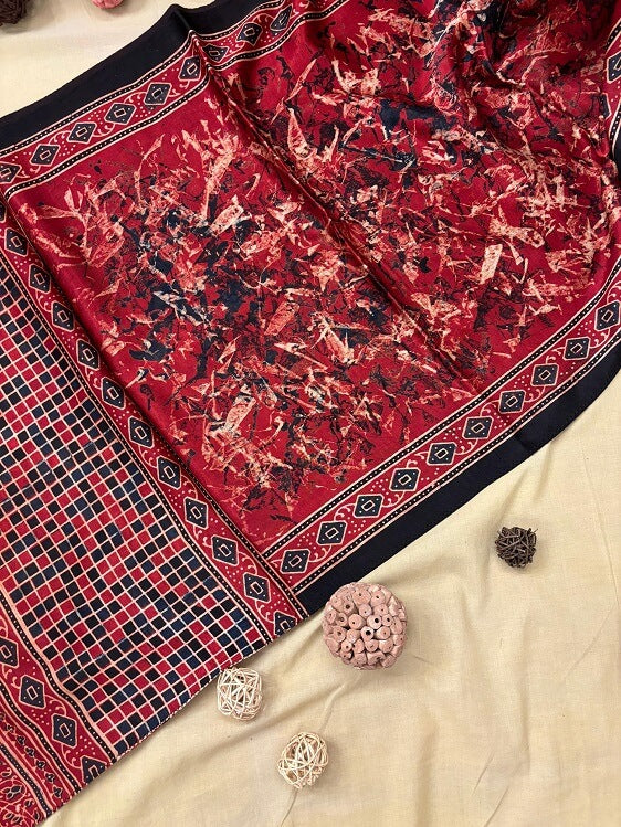 Red Abstract Ajrakh Hand Block Printed Mashru Silk Stole