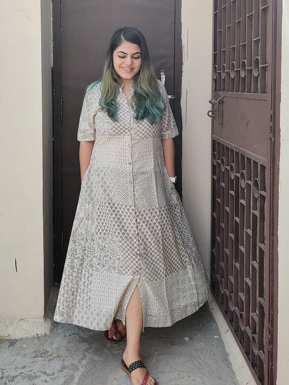 Dharani Hand Block Printed A Line Maxi Shirt Dress