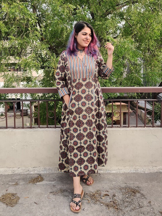 White Meadows Ajrakh Maxi Patch Dress