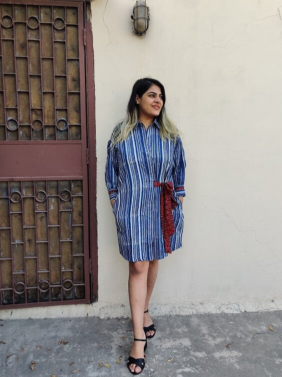 Indigo White Hand Block Printed Comfort Fit Knee Length Shirt Dress with Side Belt