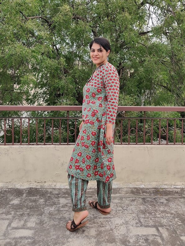 Hibiscus Hand Block Printed Cotton Kurta Set with Afghani Pants