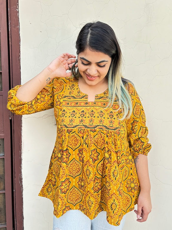 Yellow Ajrakh Boho Top with Back Drawstring
