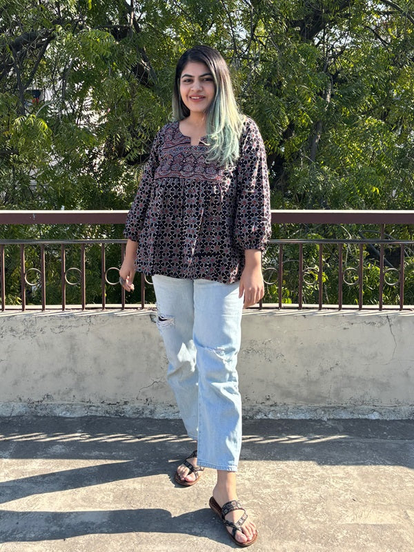Black Ajrakh Boho Top with Back Drawstring