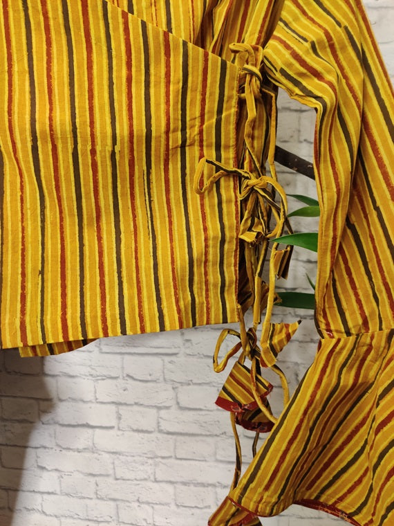 Yellow Red Stripes Ajrakh Hand Block Printed Angrakha Short Top