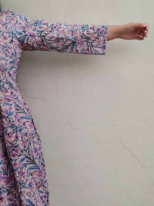 Brown Purple Floral Hand Block Printed Midi Dress with Box Pleats