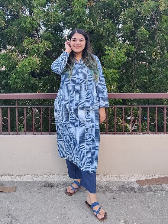 Indigo Lines Handblock Printed Cotton Long Kurta