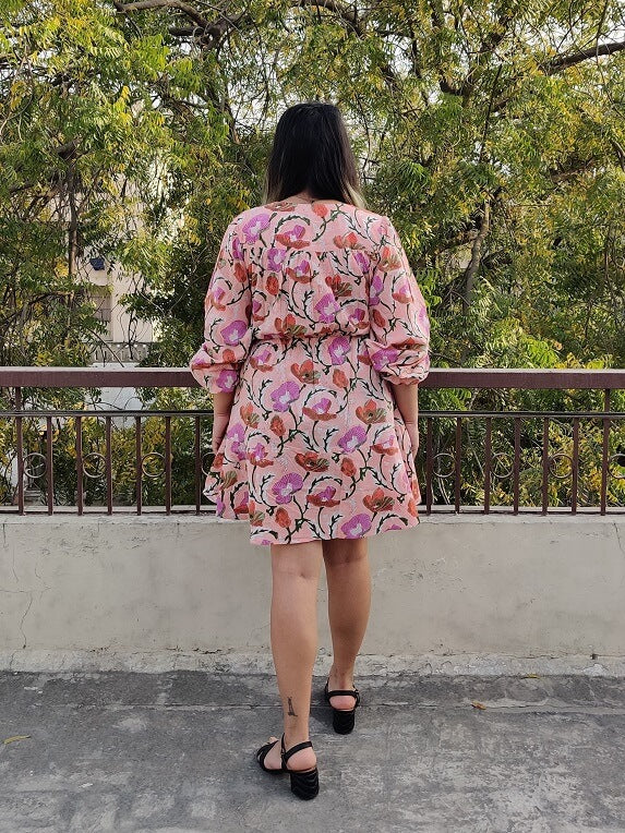 Gulaab Hand Block Printed Short Dress with Flared Hem