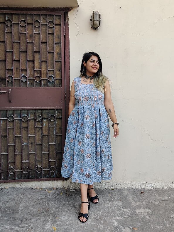 Tanika Hand Block Printed Sleeveless Dress with Box Pleats