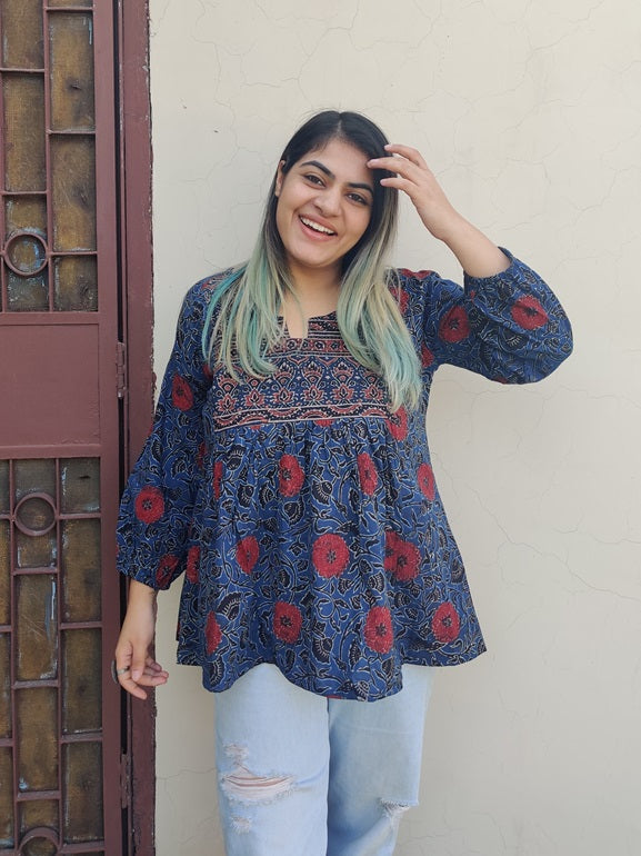 Indigo Red Ajrakh Boho Top with Back Drawstring