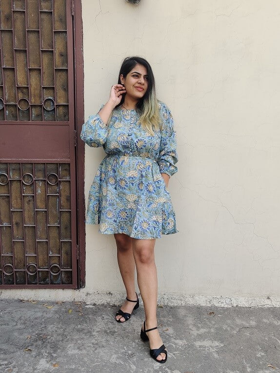 Iraa Hand Block Printed Short Dress with Flared Hem