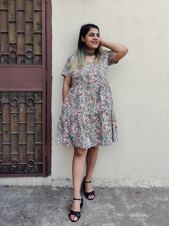 Camellia Hand Block Printed Knee Length Tiered Button Down Dress