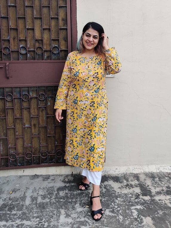 Yellow Floral Hand Block Printed Cotton Long Kurta